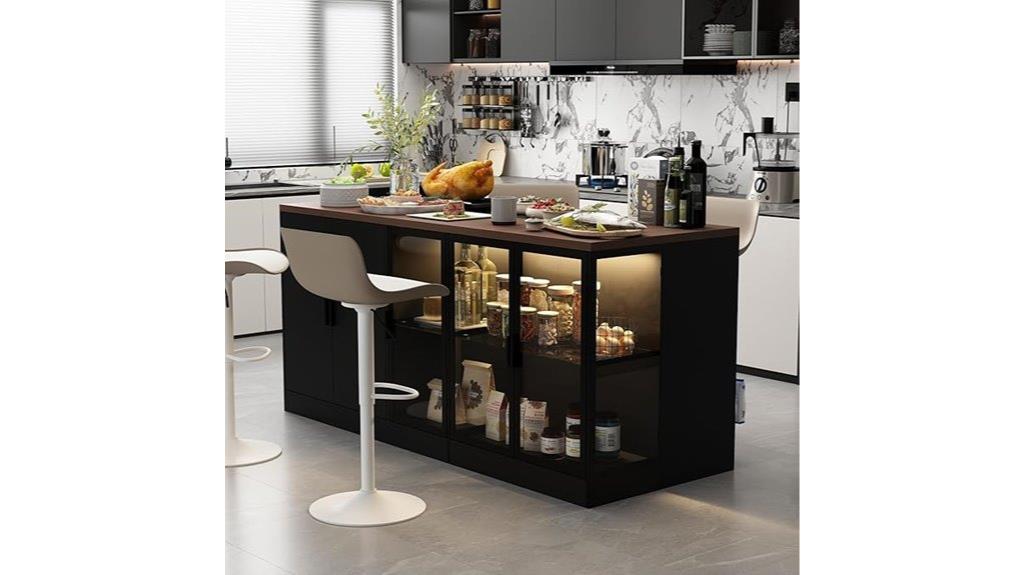 large kitchen island with glass doors