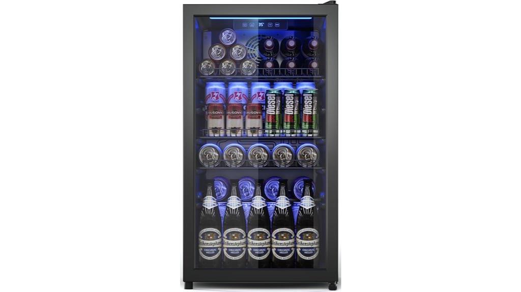 mini beverage fridge with glass