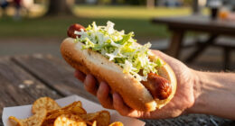 hot dogs with vinegared iceberg and potato chips
