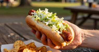 hot dogs with vinegared iceberg and potato chips