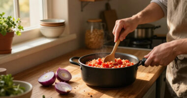 Tomato Risotto With Frizzled Red Onions